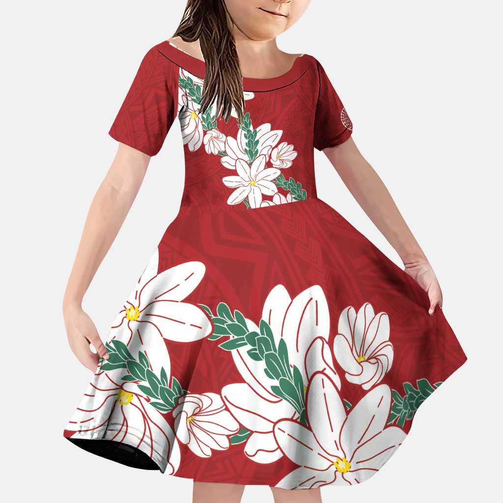 Ia Orana Tahiti Tiare Family Matching Puletasi and Hawaiian Shirt Crimson Lei LT7 Daughter's Dress Red - Polynesian Pride
