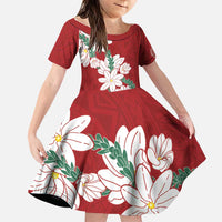 Ia Orana Tahiti Tiare Family Matching Puletasi and Hawaiian Shirt Crimson Lei LT7 Daughter's Dress Red - Polynesian Pride