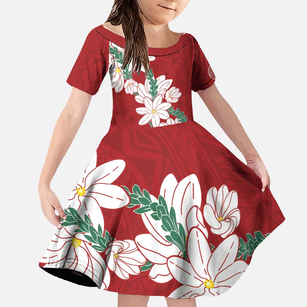 Ia Orana Tahiti Tiare Family Matching Short Sleeve Bodycon Dress and Hawaiian Shirt Crimson Lei LT7 Daughter's Dress Red - Polynesian Pride