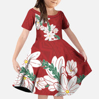 Ia Orana Tahiti Tiare Family Matching Summer Maxi Dress and Hawaiian Shirt Crimson Lei LT7 Daughter's Dress Red - Polynesian Pride