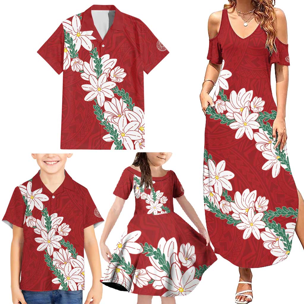 Ia Orana Tahiti Tiare Family Matching Summer Maxi Dress and Hawaiian Shirt Crimson Lei LT7 - Polynesian Pride