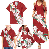 Ia Orana Tahiti Tiare Family Matching Summer Maxi Dress and Hawaiian Shirt Crimson Lei LT7 - Polynesian Pride
