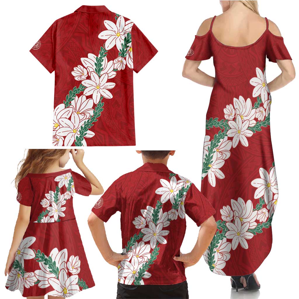Ia Orana Tahiti Tiare Family Matching Summer Maxi Dress and Hawaiian Shirt Crimson Lei LT7 - Polynesian Pride
