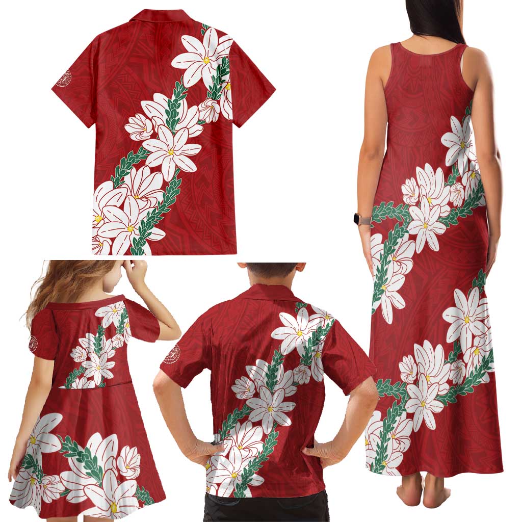 Ia Orana Tahiti Tiare Family Matching Tank Maxi Dress and Hawaiian Shirt Crimson Lei LT7 - Polynesian Pride