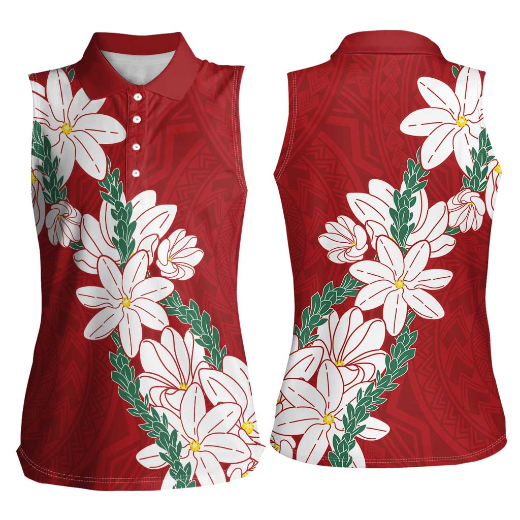 Ia Orana Tahiti Tiare Women Sleeveless Polo Shirt Crimson Lei LT7 - Polynesian Pride