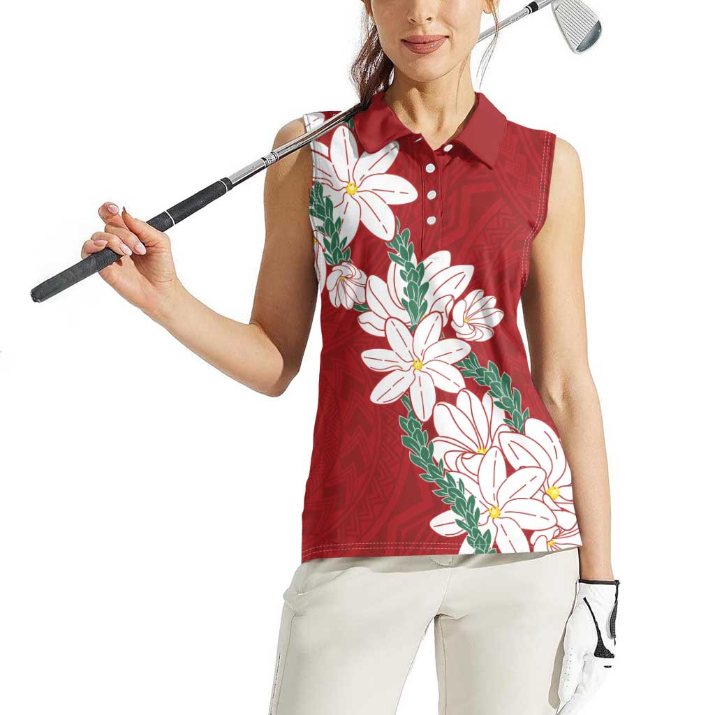 Ia Orana Tahiti Tiare Women Sleeveless Polo Shirt Crimson Lei LT7 - Polynesian Pride