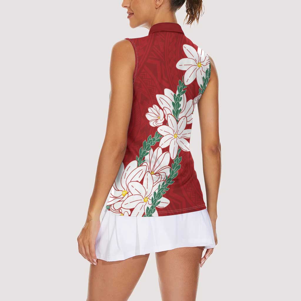 Ia Orana Tahiti Tiare Women Sleeveless Polo Shirt Crimson Lei LT7 - Polynesian Pride