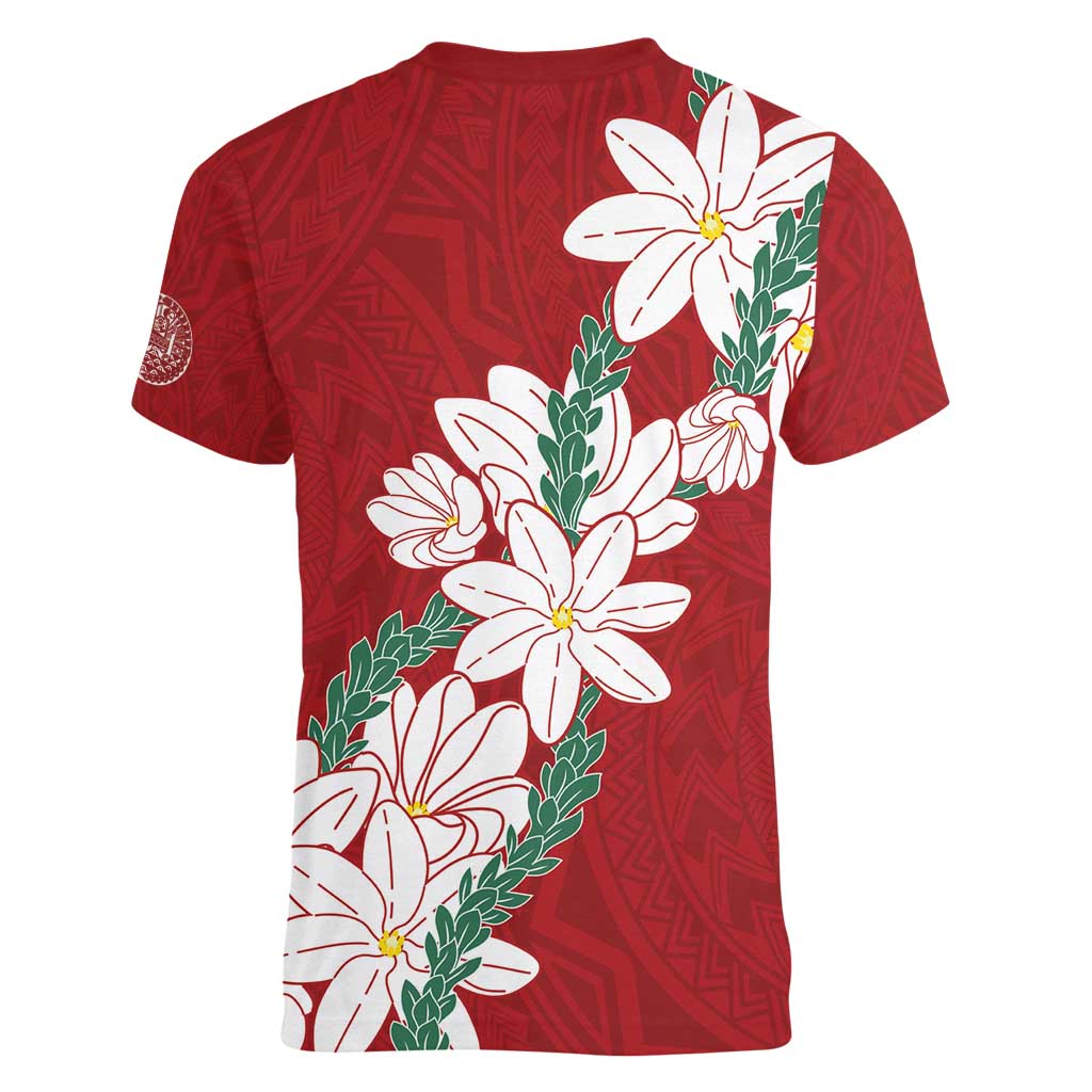Ia Orana Tahiti Tiare Women V-Neck T-Shirt Crimson Lei LT7 - Polynesian Pride
