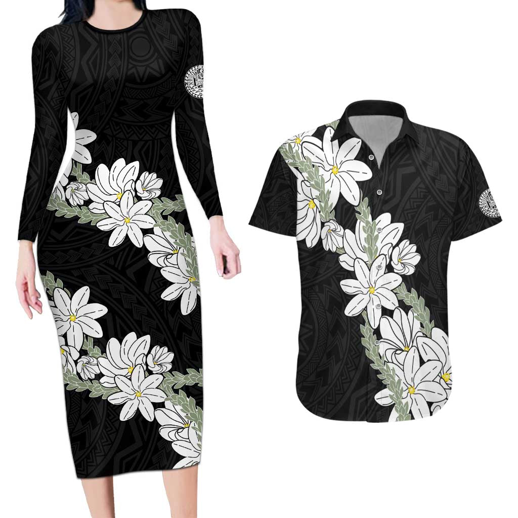 Ia Orana Tahiti Tiare Couples Matching Long Sleeve Bodycon Dress and Hawaiian Shirt Black Lei - Polynesian Pride