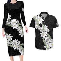 Ia Orana Tahiti Tiare Couples Matching Long Sleeve Bodycon Dress and Hawaiian Shirt Black Lei LT7 Black - Polynesian Pride