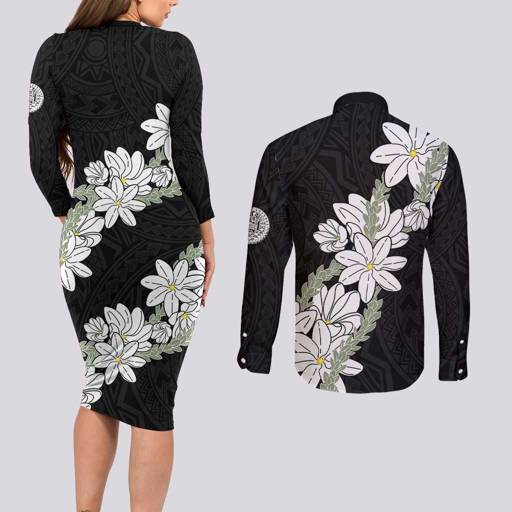 Ia Orana Tahiti Tiare Couples Matching Long Sleeve Bodycon Dress and Long Sleeve Button Shirt Black Lei LT7 - Polynesian Pride
