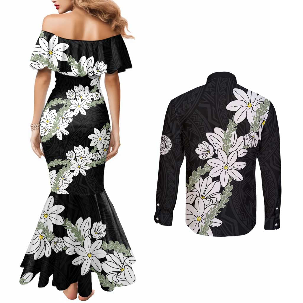 Ia Orana Tahiti Tiare Couples Matching Mermaid Dress and Long Sleeve Button Shirt Black Lei LT7 - Polynesian Pride