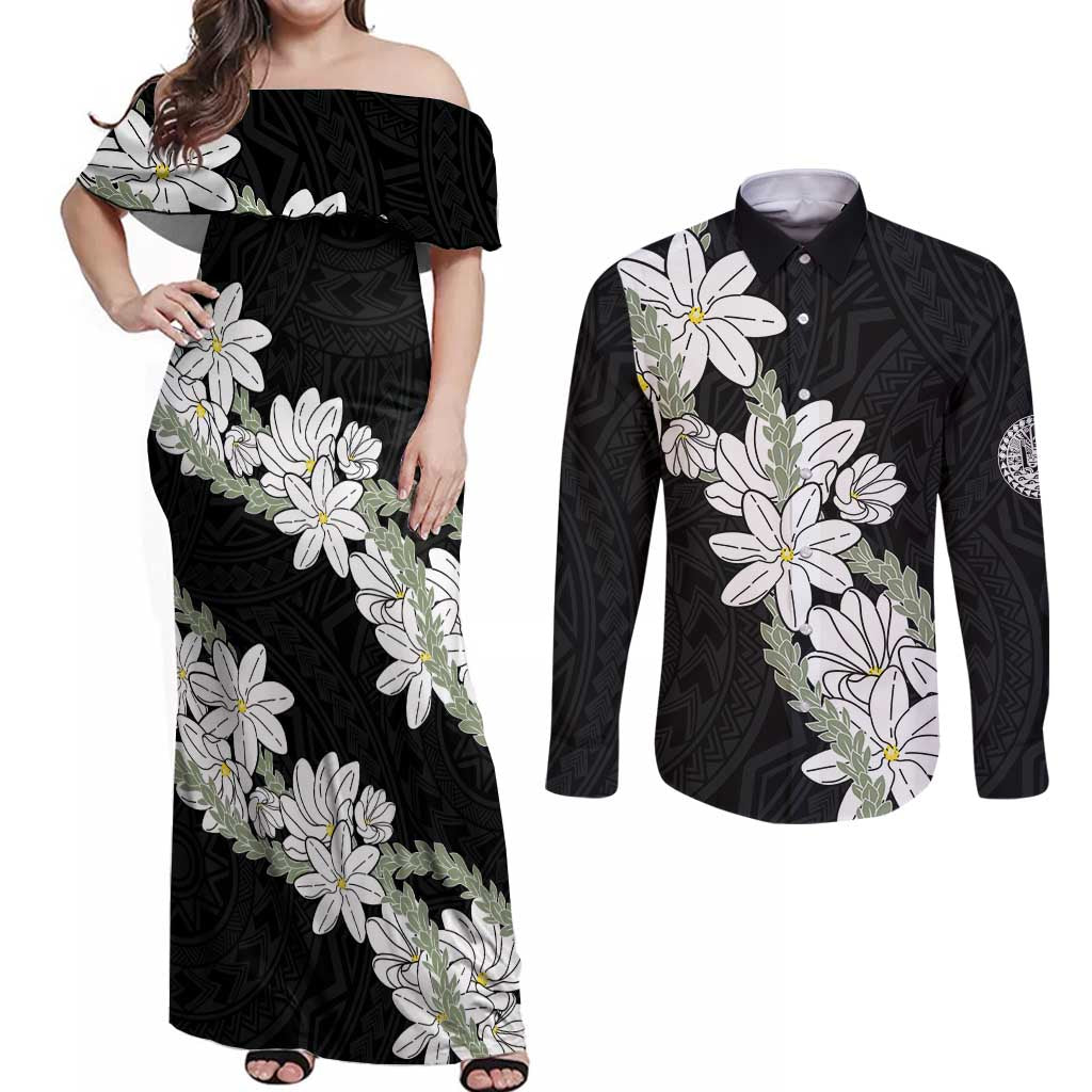 Ia Orana Tahiti Tiare Couples Matching Off Shoulder Maxi Dress and Long Sleeve Button Shirt Black Lei LT7 Black - Polynesian Pride