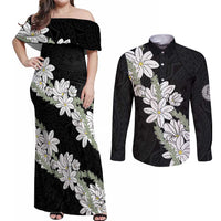 Ia Orana Tahiti Tiare Couples Matching Off Shoulder Maxi Dress and Long Sleeve Button Shirt Black Lei LT7 Black - Polynesian Pride