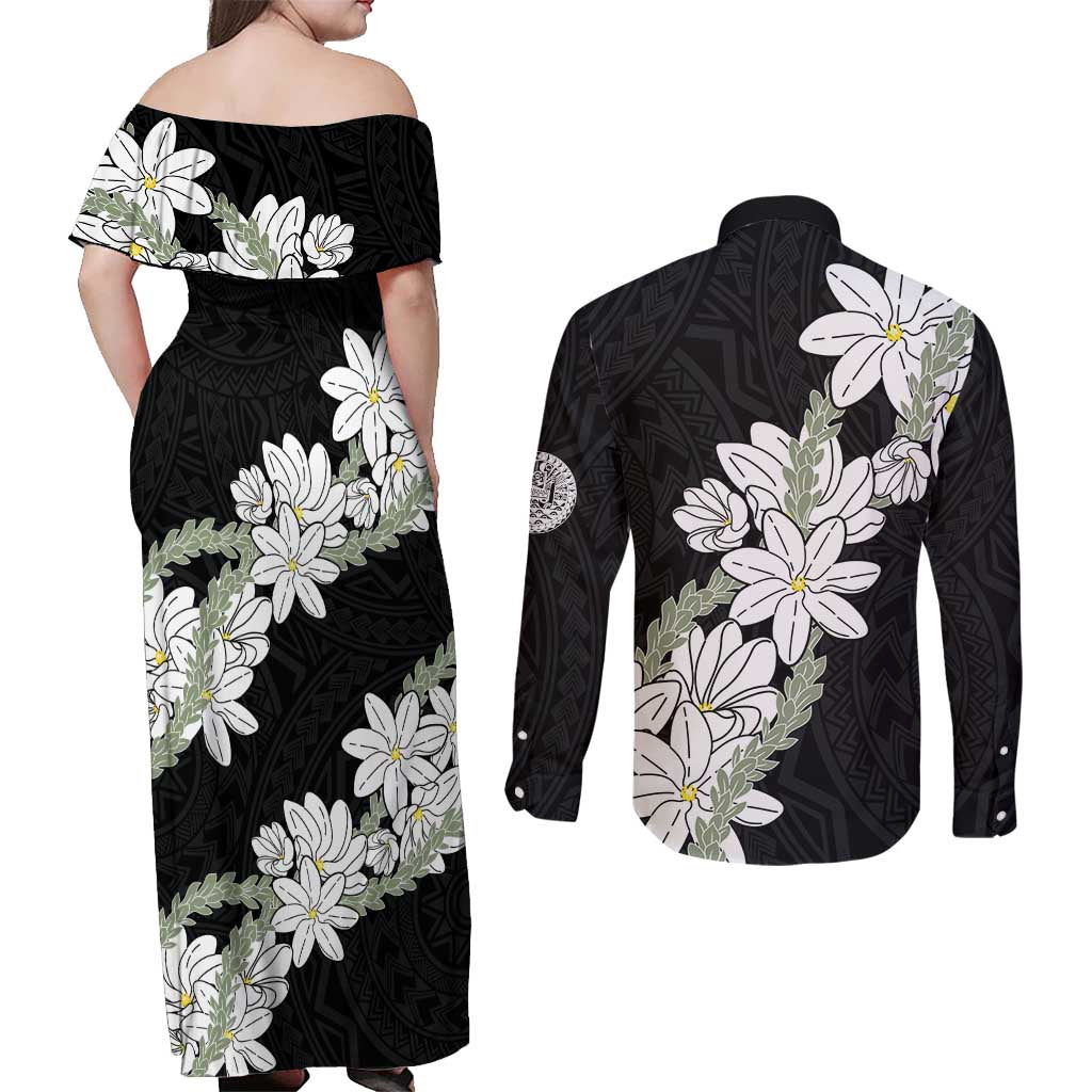 Ia Orana Tahiti Tiare Couples Matching Off Shoulder Maxi Dress and Long Sleeve Button Shirt Black Lei LT7 - Polynesian Pride