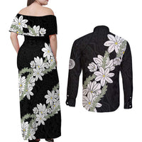 Ia Orana Tahiti Tiare Couples Matching Off Shoulder Maxi Dress and Long Sleeve Button Shirt Black Lei LT7 - Polynesian Pride