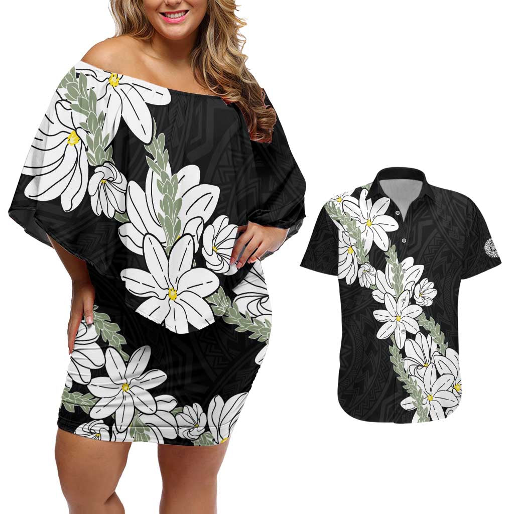 Ia Orana Tahiti Tiare Couples Matching Off Shoulder Short Dress and Hawaiian Shirt Black Lei LT7 Black - Polynesian Pride