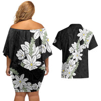 Ia Orana Tahiti Tiare Couples Matching Off Shoulder Short Dress and Hawaiian Shirt Black Lei LT7 - Polynesian Pride