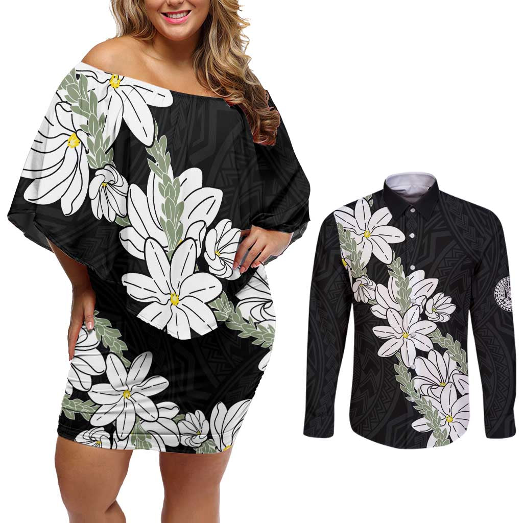 Ia Orana Tahiti Tiare Couples Matching Off Shoulder Short Dress and Long Sleeve Button Shirt Black Lei LT7 Black - Polynesian Pride