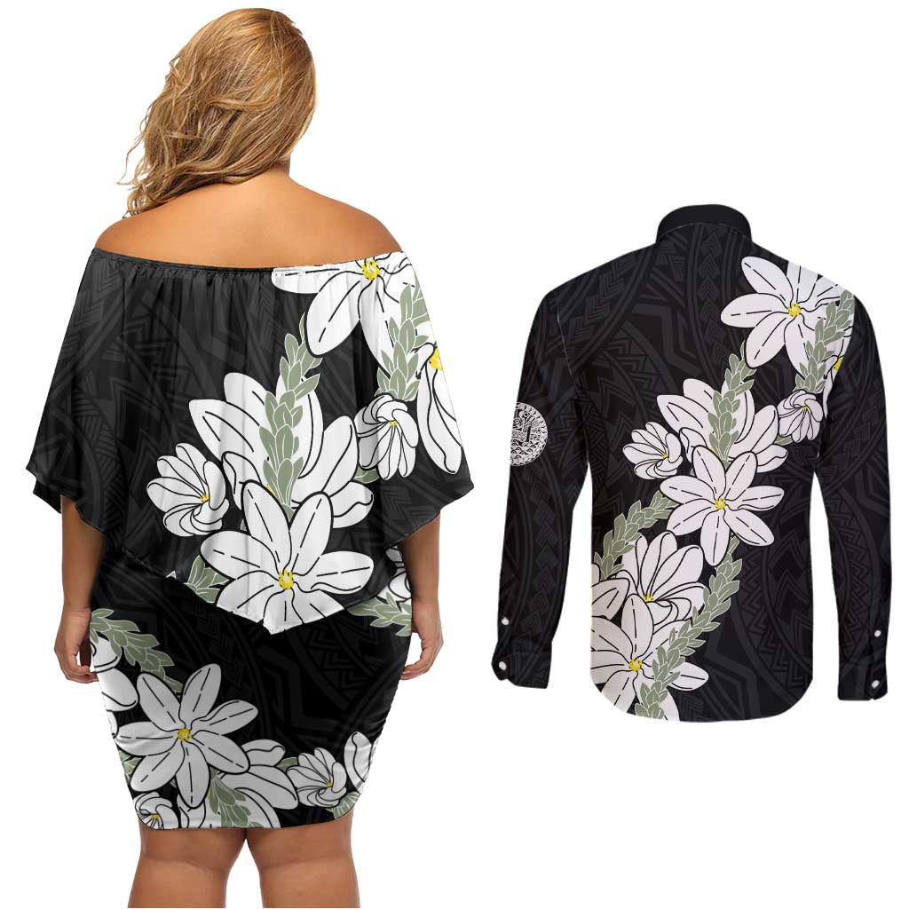 Ia Orana Tahiti Tiare Couples Matching Off Shoulder Short Dress and Long Sleeve Button Shirt Black Lei LT7 - Polynesian Pride