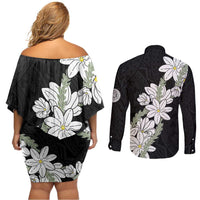 Ia Orana Tahiti Tiare Couples Matching Off Shoulder Short Dress and Long Sleeve Button Shirt Black Lei LT7 - Polynesian Pride