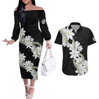 Ia Orana Tahiti Tiare Couples Matching Off The Shoulder Long Sleeve Dress and Hawaiian Shirt Black Lei LT7 Black - Polynesian Pride