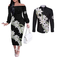 Ia Orana Tahiti Tiare Couples Matching Off The Shoulder Long Sleeve Dress and Long Sleeve Button Shirt Black Lei LT7 Black - Polynesian Pride