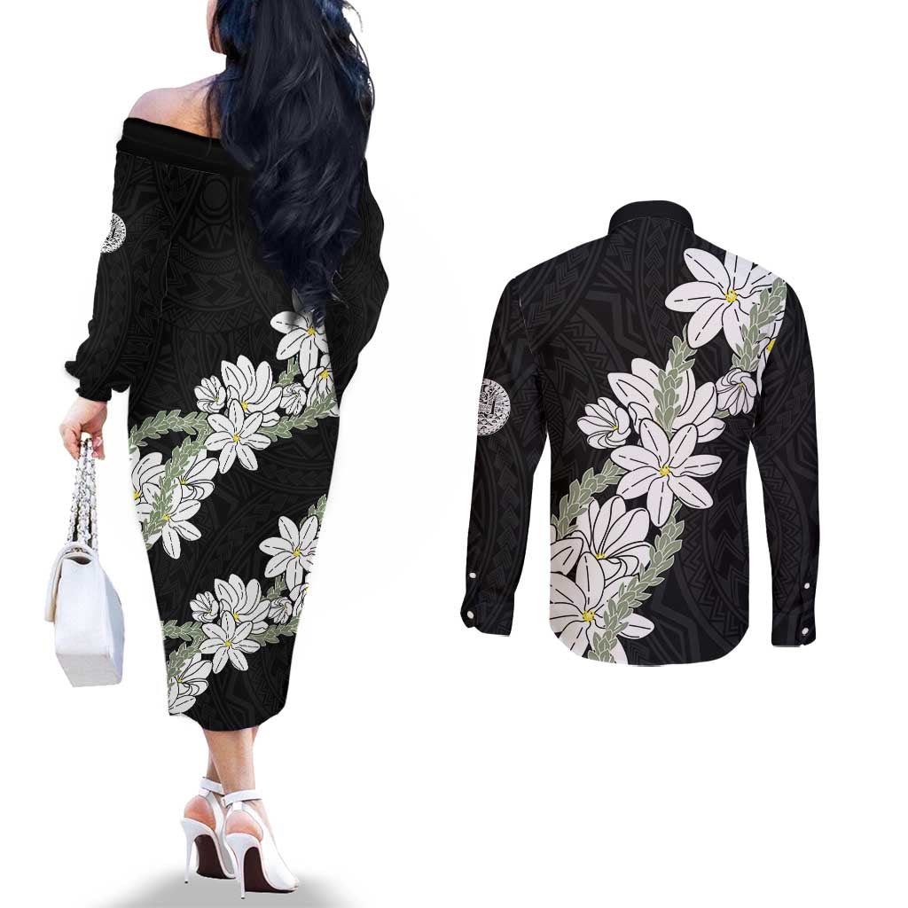 Ia Orana Tahiti Tiare Couples Matching Off The Shoulder Long Sleeve Dress and Long Sleeve Button Shirt Black Lei LT7 - Polynesian Pride