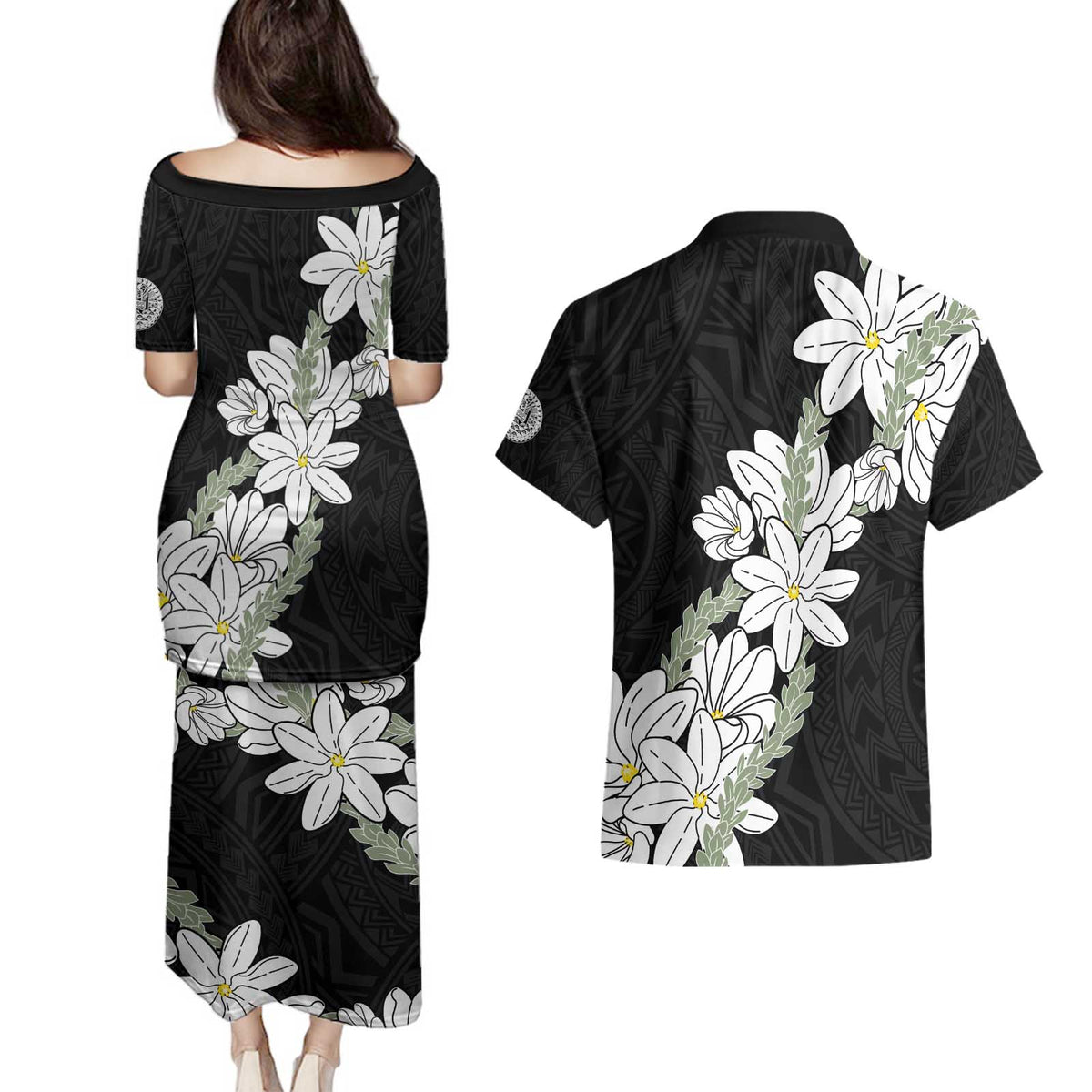 Ia Orana Tahiti Tiare Couples Matching Puletasi and Hawaiian Shirt Black Lei LT7 - Polynesian Pride