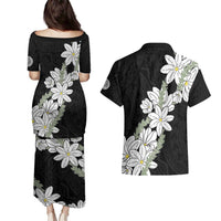 Ia Orana Tahiti Tiare Couples Matching Puletasi and Hawaiian Shirt Black Lei LT7 - Polynesian Pride