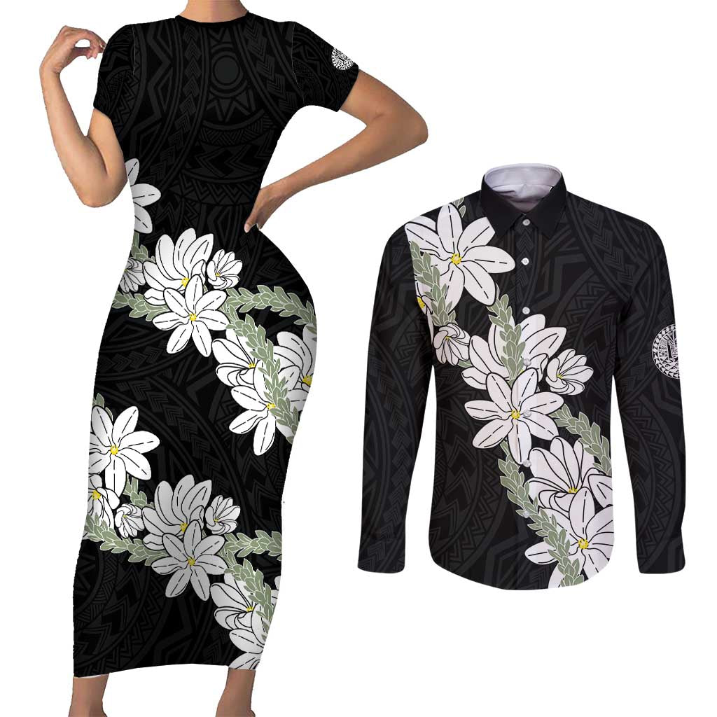 Ia Orana Tahiti Tiare Couples Matching Short Sleeve Bodycon Dress and Long Sleeve Button Shirt Black Lei LT7 Black - Polynesian Pride