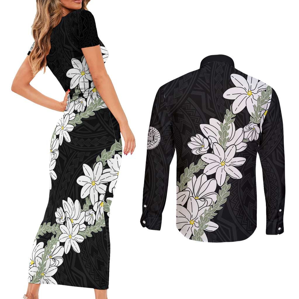 Ia Orana Tahiti Tiare Couples Matching Short Sleeve Bodycon Dress and Long Sleeve Button Shirt Black Lei LT7 - Polynesian Pride