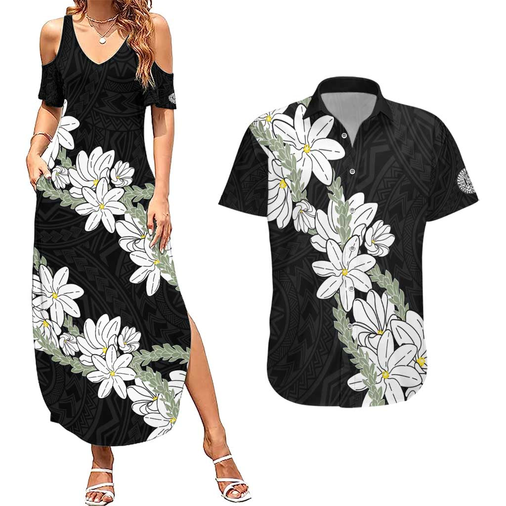 Ia Orana Tahiti Tiare Couples Matching Summer Maxi Dress and Hawaiian Shirt Black Lei LT7 Black - Polynesian Pride