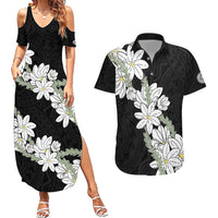 Ia Orana Tahiti Tiare Couples Matching Summer Maxi Dress and Hawaiian Shirt Black Lei LT7 Black - Polynesian Pride