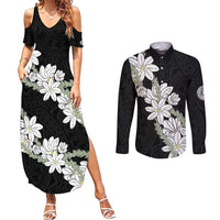 Ia Orana Tahiti Tiare Couples Matching Summer Maxi Dress and Long Sleeve Button Shirt Black Lei LT7 Black - Polynesian Pride
