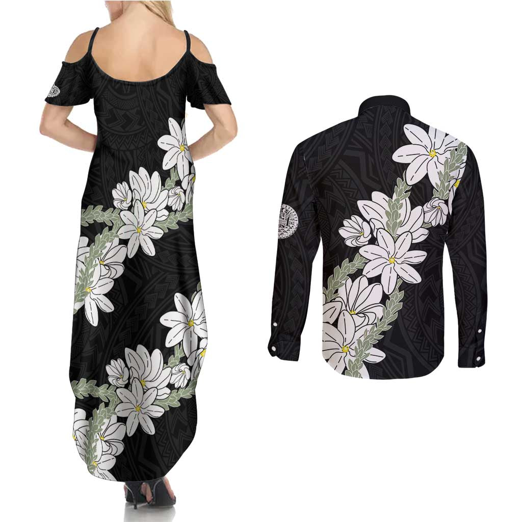 Ia Orana Tahiti Tiare Couples Matching Summer Maxi Dress and Long Sleeve Button Shirt Black Lei LT7 - Polynesian Pride