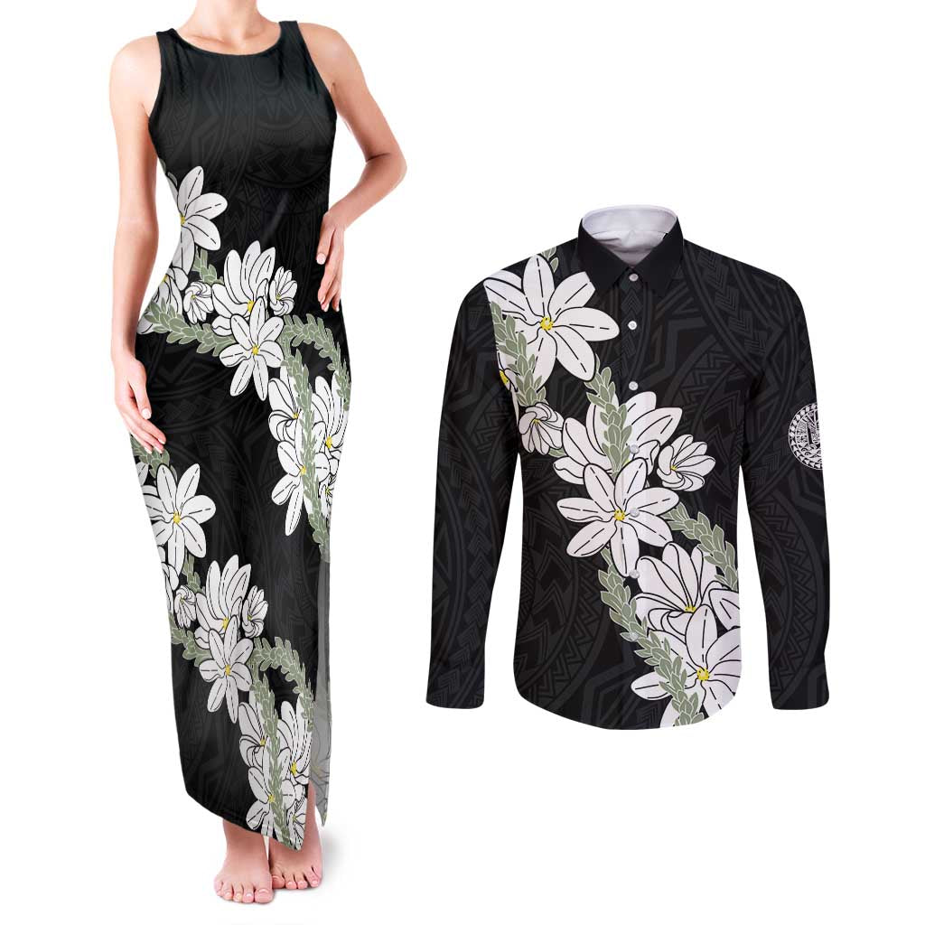 Ia Orana Tahiti Tiare Couples Matching Tank Maxi Dress and Long Sleeve Button Shirt Black Lei - Polynesian Pride