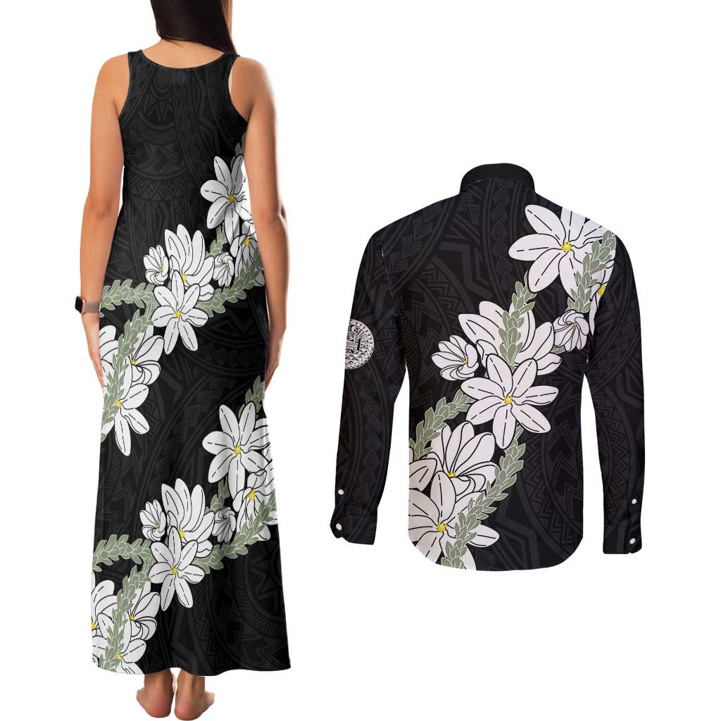 Ia Orana Tahiti Tiare Couples Matching Tank Maxi Dress and Long Sleeve Button Shirt Black Lei LT7 - Polynesian Pride