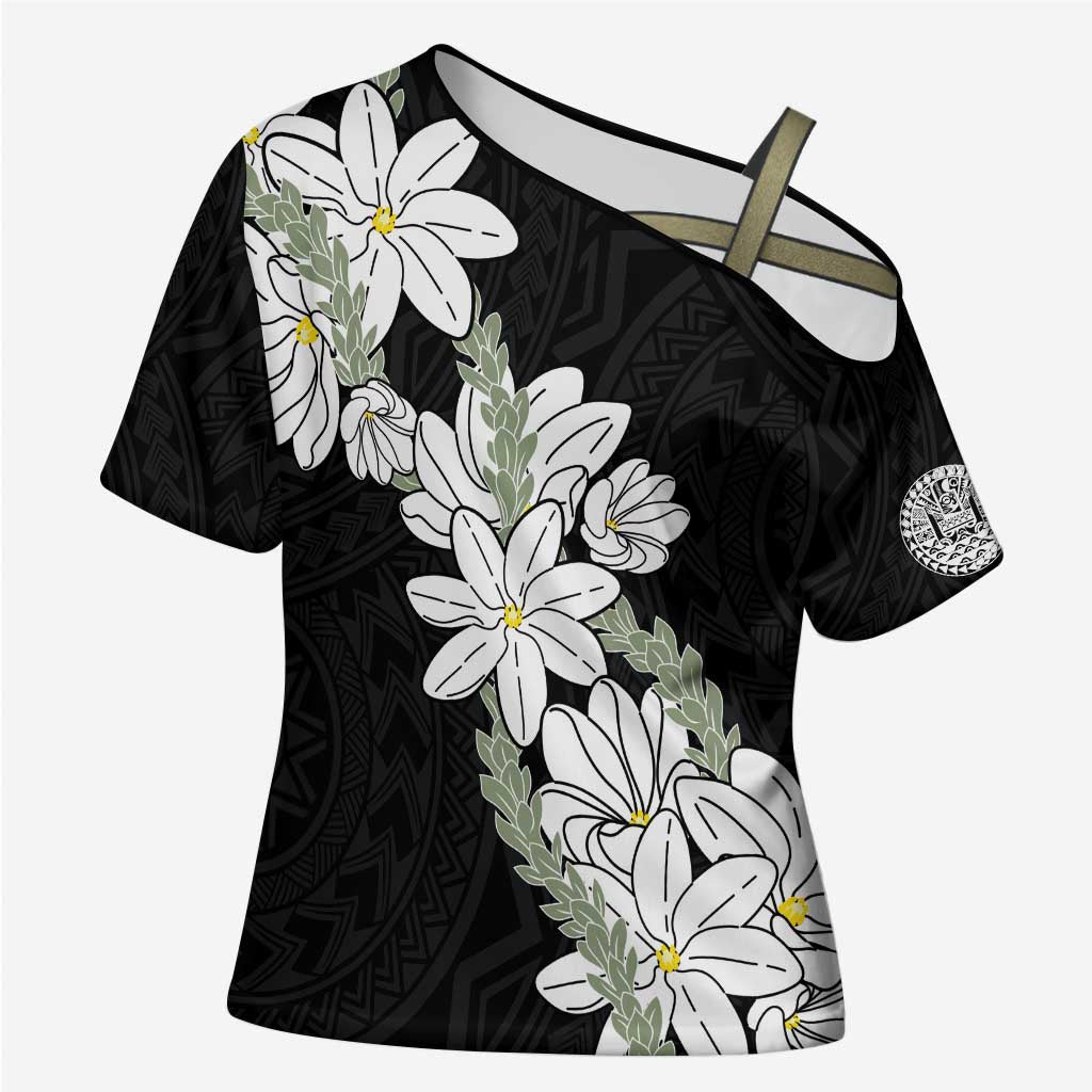 Ia Orana Tahiti Tiare Cross Shoulder Shirt Black Lei LT7 Female Black - Polynesian Pride