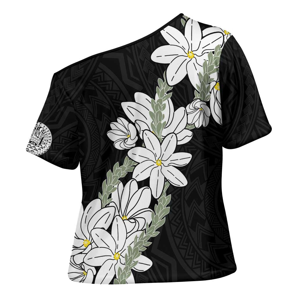 Ia Orana Tahiti Tiare Cross Shoulder Shirt Black Lei LT7 - Polynesian Pride