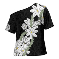 Ia Orana Tahiti Tiare Cross Shoulder Shirt Black Lei LT7 - Polynesian Pride