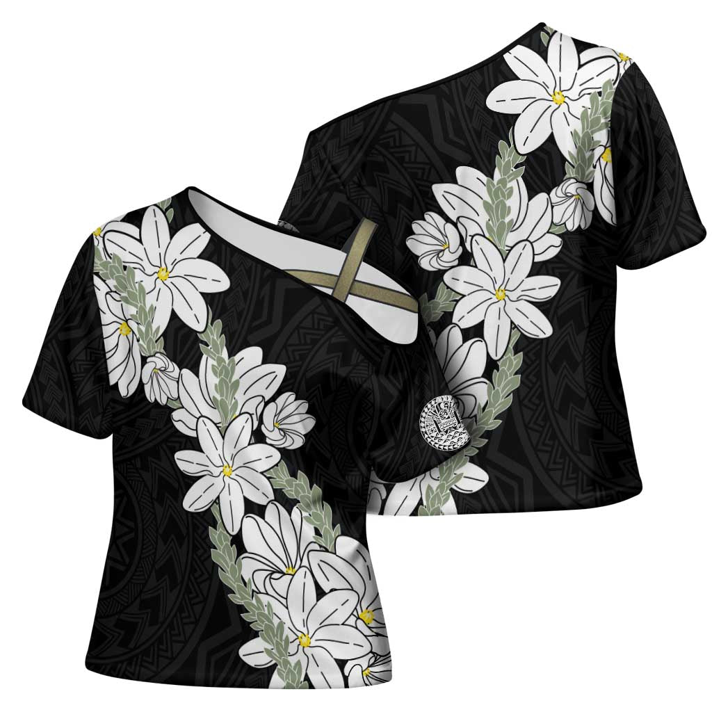 Ia Orana Tahiti Tiare Cross Shoulder Shirt Black Lei LT7 - Polynesian Pride
