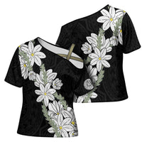 Ia Orana Tahiti Tiare Cross Shoulder Shirt Black Lei LT7 - Polynesian Pride