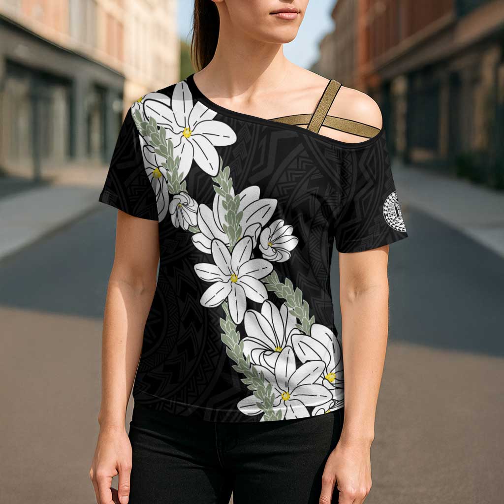 Ia Orana Tahiti Tiare Cross Shoulder Shirt Black Lei LT7 - Polynesian Pride