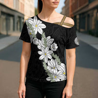 Ia Orana Tahiti Tiare Cross Shoulder Shirt Black Lei LT7 - Polynesian Pride