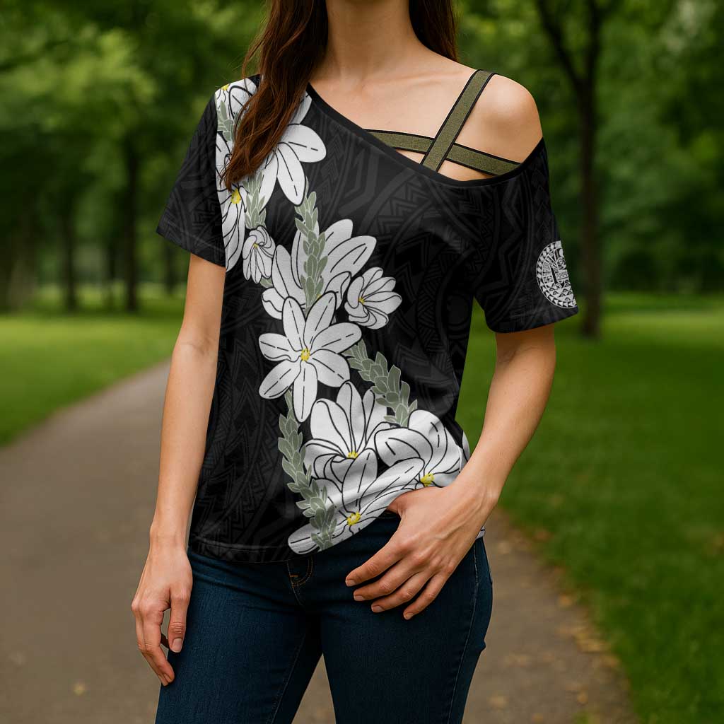 Ia Orana Tahiti Tiare Cross Shoulder Shirt Black Lei LT7 - Polynesian Pride