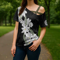 Ia Orana Tahiti Tiare Cross Shoulder Shirt Black Lei LT7 - Polynesian Pride