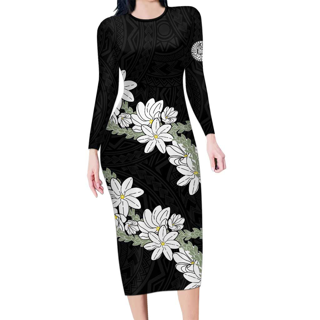 Ia Orana Tahiti Tiare Family Matching Long Sleeve Bodycon Dress and Hawaiian Shirt Black Lei LT7 Mom's Dress Black - Polynesian Pride