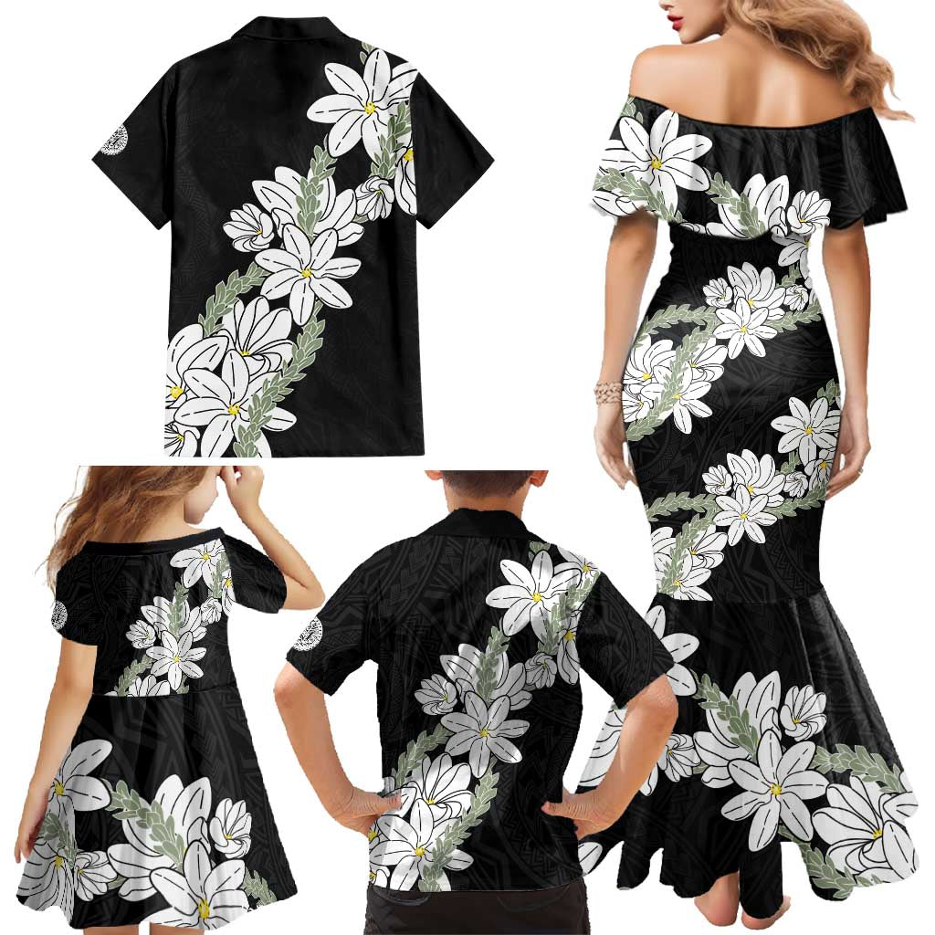 Ia Orana Tahiti Tiare Family Matching Mermaid Dress and Hawaiian Shirt Black Lei LT7 - Polynesian Pride