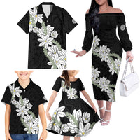 Ia Orana Tahiti Tiare Family Matching Off The Shoulder Long Sleeve Dress and Hawaiian Shirt Black Lei LT7 - Polynesian Pride